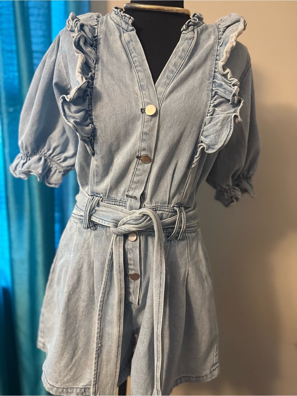 Light Wash Ruffle Denim Romper with Tie Belt
